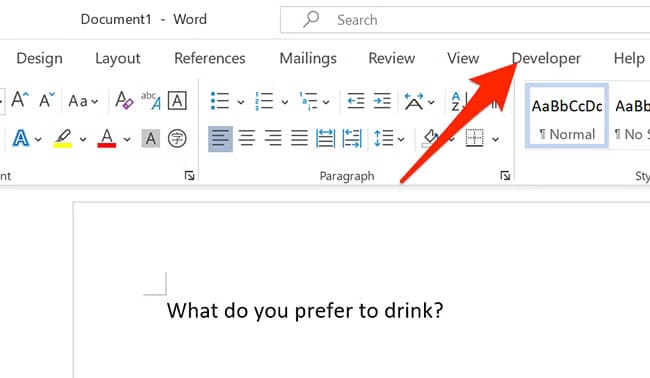 5-open-developer-menu خطوات سهلة لإضافة قائمة منسدلة في مستند Word