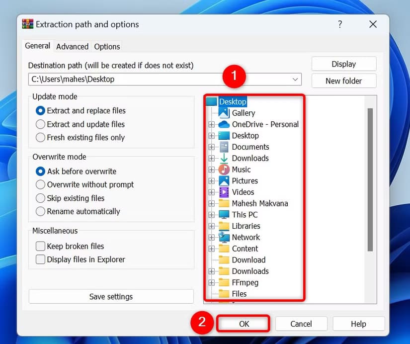6-winrar-choose-extraction-path طريقة تقسيم الملفات الكبيرة بسهولة على Windows 11