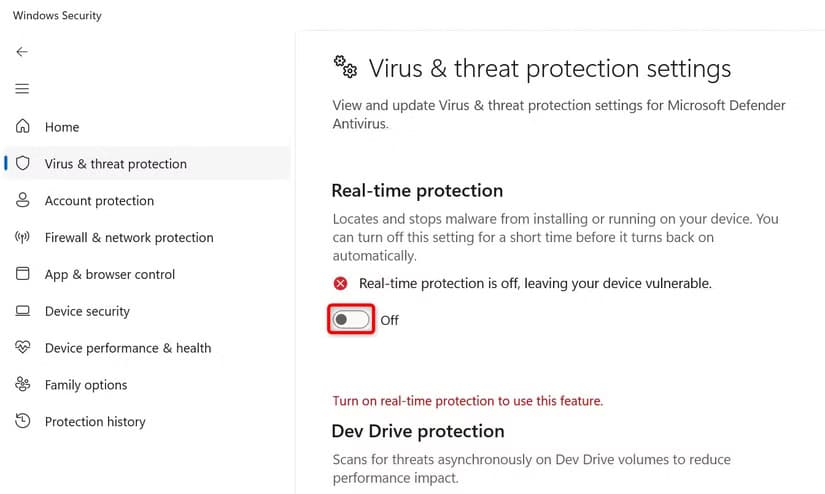 7-disable-real-time-protection طرق فعّالة لتسريع نقل الملفات على Windows 11 وتحسين الأداء