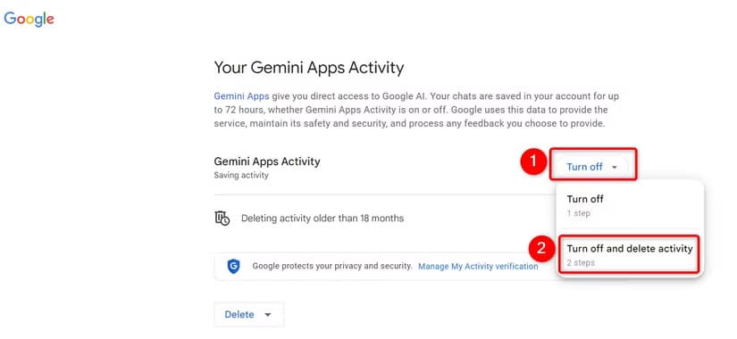 7-gemini-desktop-turn-off-activity طريقة إلغاء الاشتراك في استخدام بياناتك لتدريب نماذج الذكاء الاصطناعي