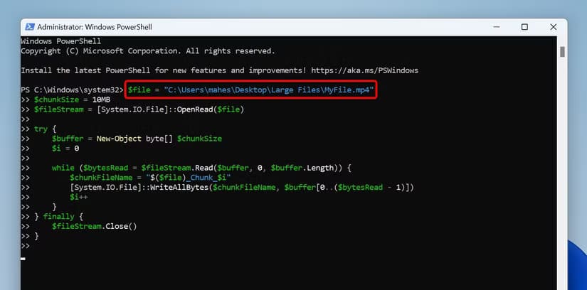 7-powershell-split-file طريقة تقسيم الملفات الكبيرة بسهولة على Windows 11