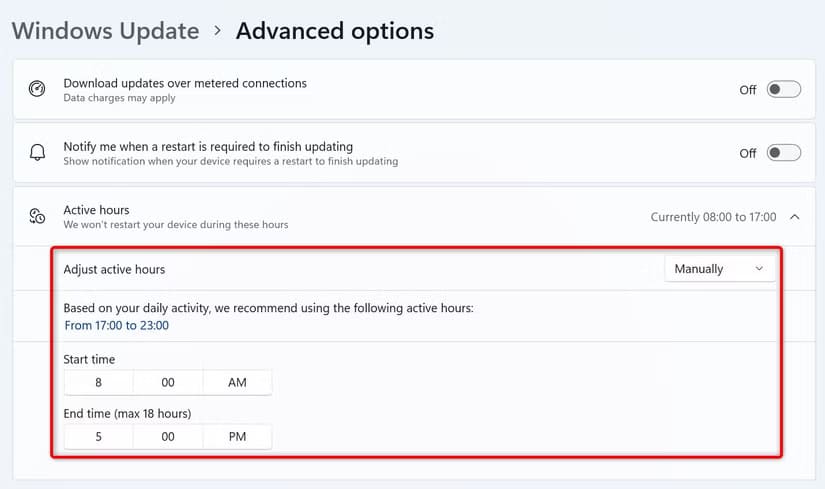 7-specify-windows-active-hours أفضل الطرق لتسريع أداء جهاز الكمبيوتر على نظام ويندوز 11