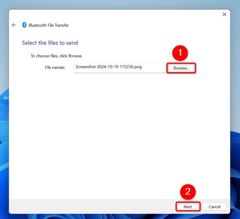 9-choose-file-to-send مشاركة الملفات عبر البلوتوث على Windows 11 بخطوات بسيطة وسهلة
