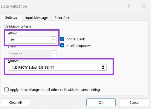 Data-Validation-from-a-Table-via-INDIRECT-3 كيفية استخدام المراجع المنظمة في Microsoft Excel لتحسين الكفاءة