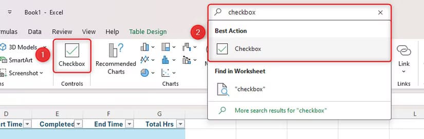 a-checkbox-being-added-to-an-excel-spreadsheet-via-both-the-icon-in-the-insert-tab-and-the-search-bar-at-the-top-of-the-excel-window إضافة تاريخ ووقت تلقائي لمربعات الاختيار في Excel بخطوات سهلة