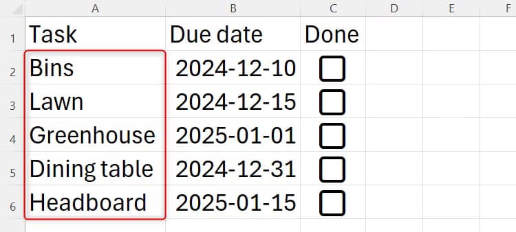 a-checklist-in-excel-whose-columns-widths-have-automatically-shrunk-when-the-data-volume-was-reduced طرق تعديل عرض الأعمدة في Excel ليتناسب مع البيانات تلقائيًا