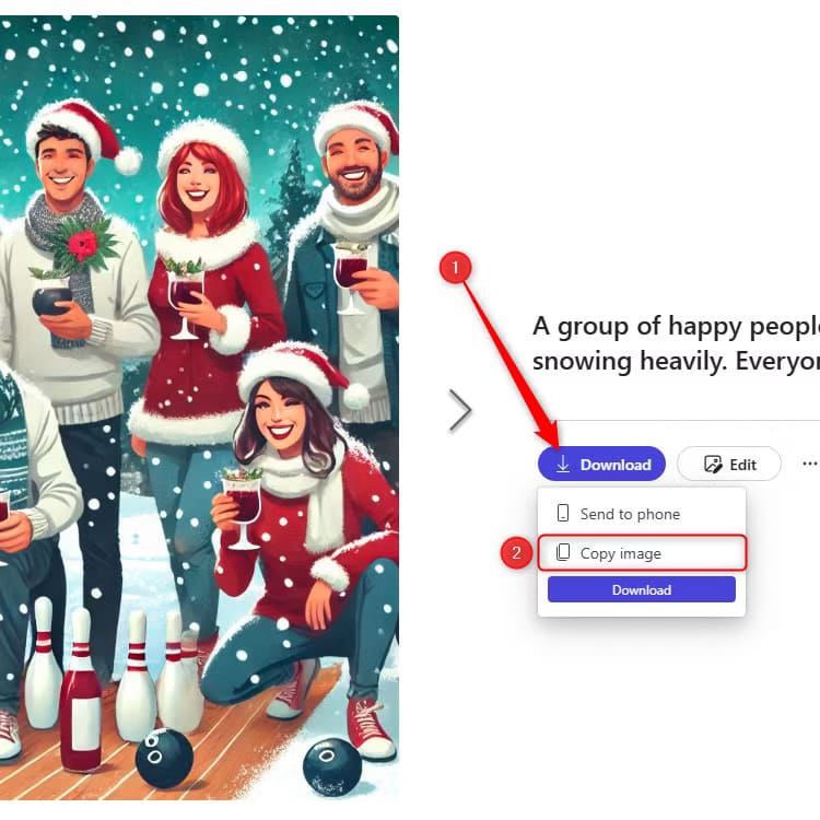 a-christmas-bowling-scene-generated-by-microsoft-designer-and-download-and-copy-image-are-selected خطوات تصميم بطاقة عيد مميزة باستخدام Microsoft Word