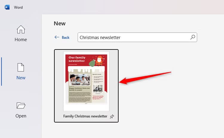 a-christmas-newsletter-template-in-microsoft-word-is-selected كيفية الاستفادة من تطبيقات Microsoft لتبسيط الاحتفالات