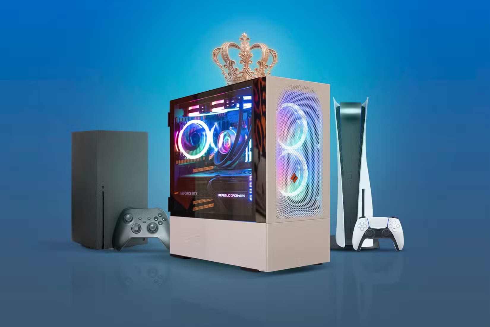 a-gaming-pc-with-a-crown-representing-superiority-and-an-xbox-series-x-and-a-ps5-in-the-background كيف تحررت من القلق بشأن مواصفات الأجهزة وبدأت في الاستمتاع باللعبة