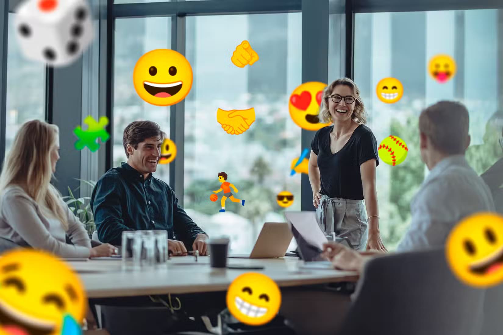 a-group-of-people-in-a-meeting-with-several-emojis-around-them طرق مبتكرة لاستخدام روبوتات الذكاء الاصطناعي في حياتك اليومية