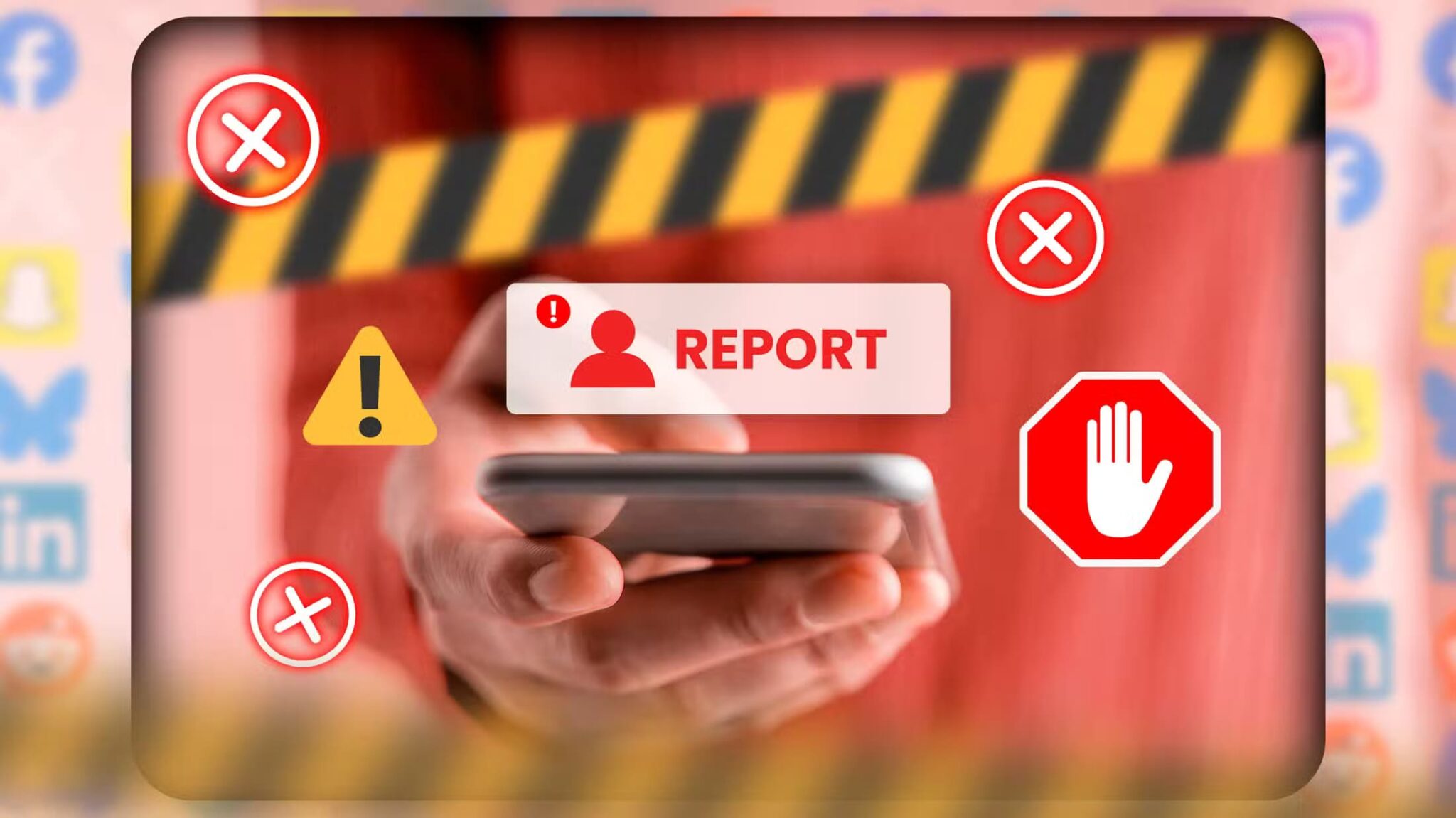 a-hand-holding-a-phone-with-a-report-icon-above-the-screen-scaled خطوات الإبلاغ عن الحسابات المخالفة على Instagram وFacebook