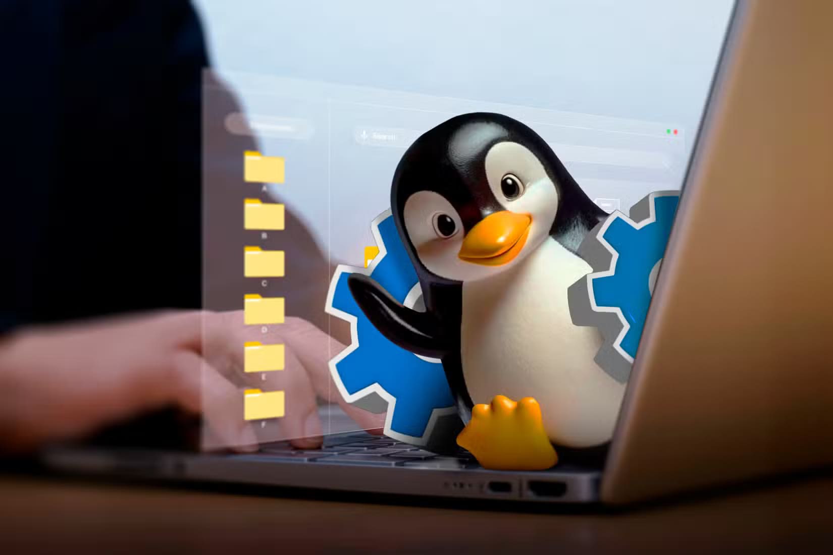 a-hand-using-a-laptop-and-linux-mascot-coming-out-of-the-screen-with-a-gear-and-some-files-behind هل حان الوقت للتحول إلى Linux لتحسين تجربتك الرقمية؟