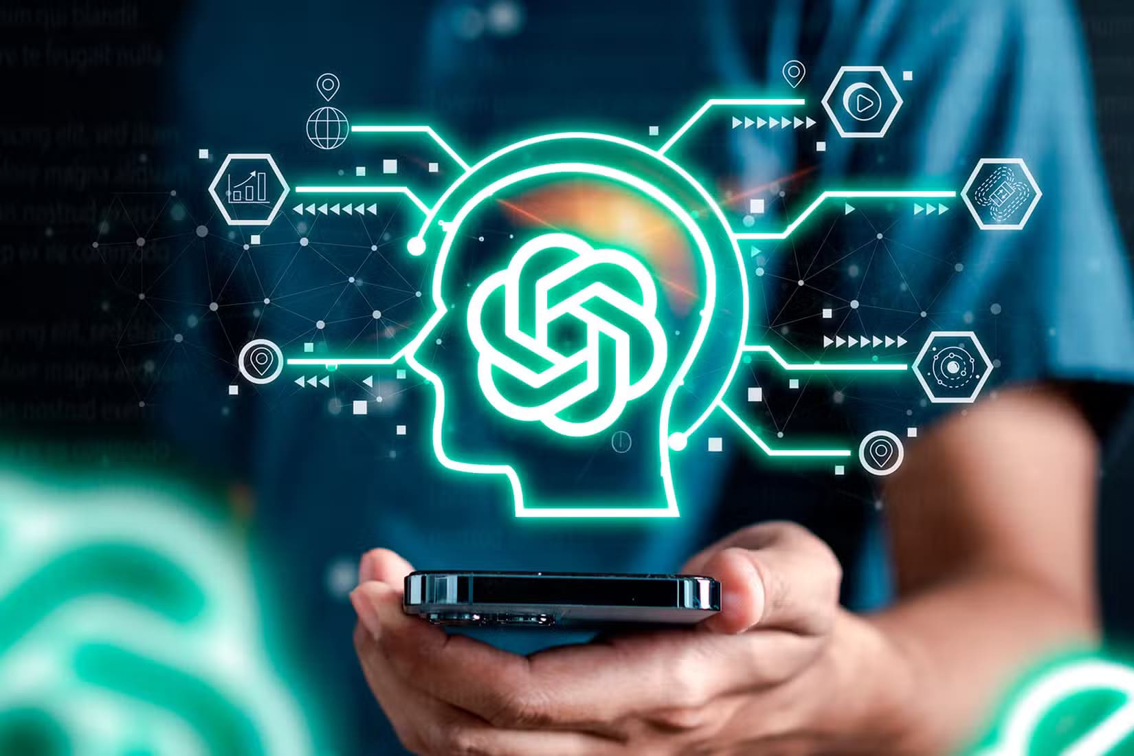 a-man-holding-a-phone-with-the-chatgpt-logo-above-the-screen كيف تعمل روبوتات الدردشة المدعومة بالذكاء الاصطناعي وما هي استخداماتها المتنوعة