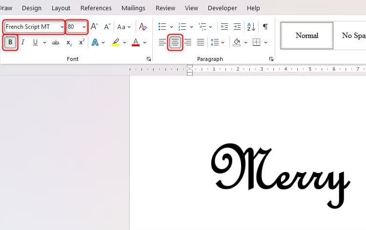 a-microsoft-word-document-with-font-size-typeface-bold-and-central-alignment-highlighted-in-the-home-tab-on-the-ribbon خطوات تصميم بطاقة عيد مميزة باستخدام Microsoft Word