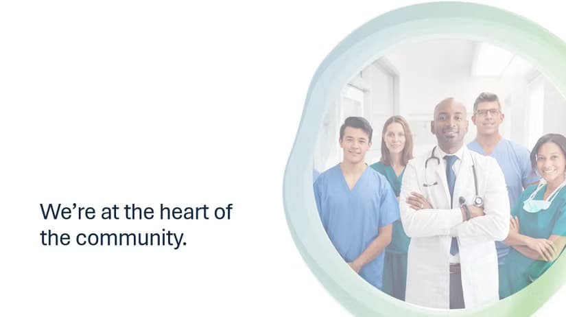 a-powerpoint-slide-containing-a-circular-image-of-a-group-of-doctors-and-text-saying-we-re-at-the-heart-of-the-community طرق إبداعية للاستفادة من PowerPoint في حياتك اليومية