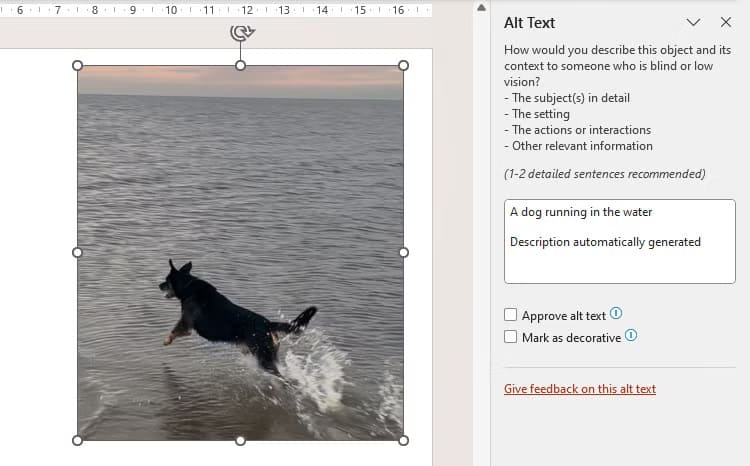 a-powerpoint-slide-containing-a-picture-of-a-dog-running-through-water-and-powerpoint-s-alt-text-generated-automatically طرق عملية لتصميم عروض PowerPoint تجذب كل الجمهور وتزيد من التفاعل