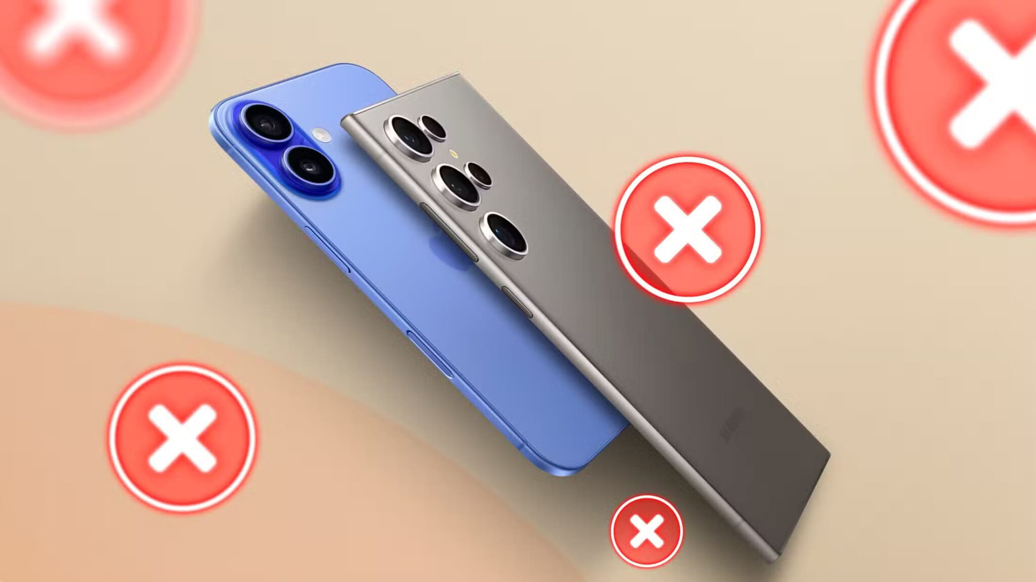 a-slim-iphone-and-samsung-galaxy-with-several-x-marks-around-them-scaled لماذا الهواتف النحيفة ليست الخيار المثالي من سامسونج أو آبل