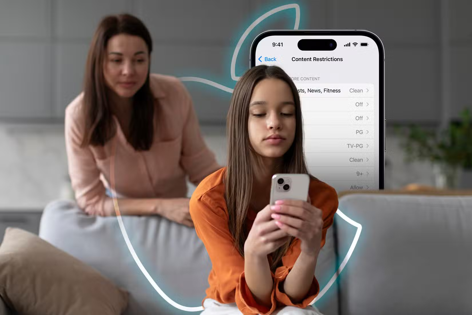 a-teenage-girl-using-her-cellphone-with-her-mother-monitoring-and-an-iphone-screen-showing-content-restrictions كيف تجعل المشاركة العائلية تجربة مثالية لأجهزة Apple في منزلك