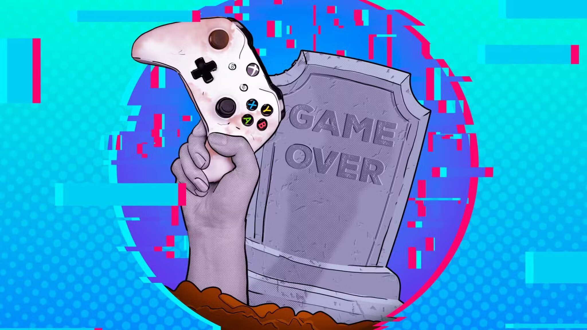 a-tombstone-with-game-over-written-on-it-and-a-hand-emerging-from-the-ground-holding-an-xbox-controller-with-glitch-effects-around-scaled السر وراء إعادة إحياء الألعاب الميتة وكيف يمكن تحقيق ذلك