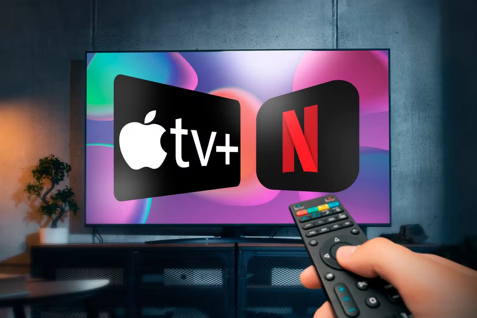 a-tv-with-the-apple-tv-and-netflix-logos-on-the-screen-with-a-hand-holding-a-remote-control-on-the-right-side طريقة فعالة لاستخدام ChatGPT للحصول على توصيات مخصصة للكتب والأفلام والموسيقى