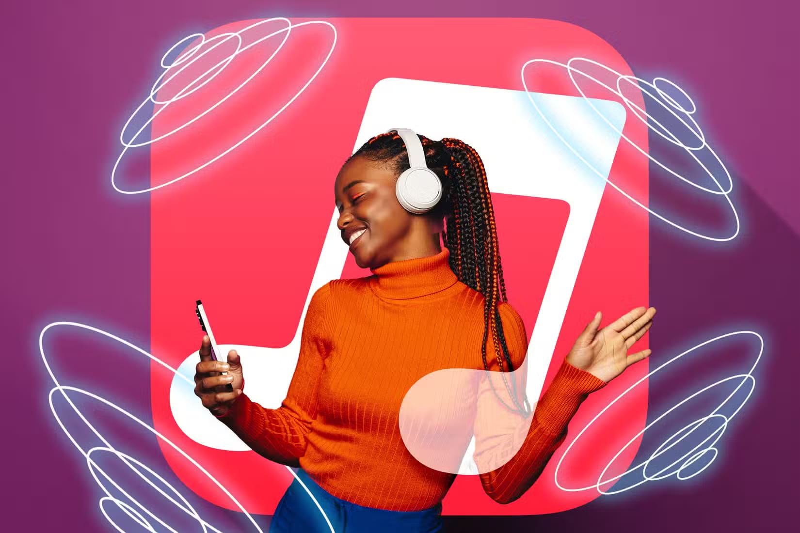 a-woman-listening-to-music-the-apple-music-logo-in-the-background-and-spatial-audio-icons-around-2 كيف تضيف ميزة Apple Family Sharing لتوفير المال وتنظيم المشاركة