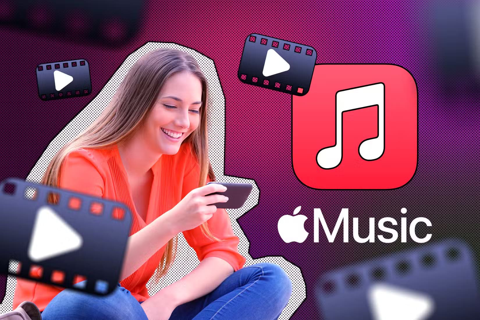 a-woman-watching-a-video-on-her-phone-with-the-apple-music-logo-beside-her-and-video-icons-around ماذا يمكنك وما لا يمكنك مشاركته عبر Apple Family Sharing