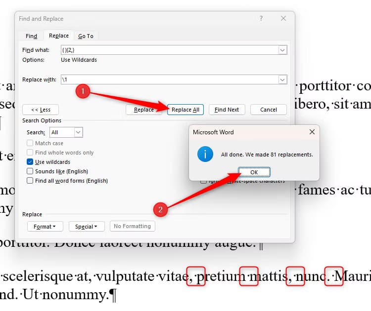 a-word-document-confirming-that-all-changes-have-been-made-through-the-find-and-replace-dialog-box-the-single-spaces-are-highlighted-with-red-boxes 5 حيل رائعة في Microsoft Word ستجعل عملك أسهل وأسرع