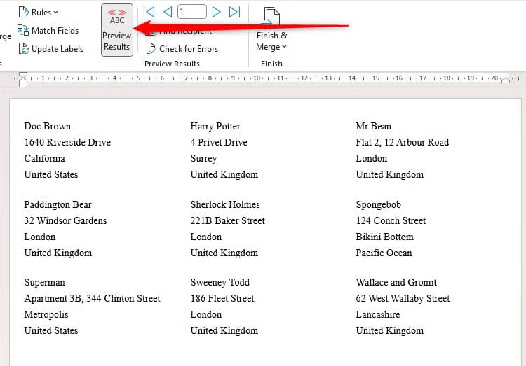 a-word-document-containing-address-labels-previewed-by-clicking-the-preview-results-button كيفية الاستفادة من تطبيقات Microsoft لتبسيط الاحتفالات