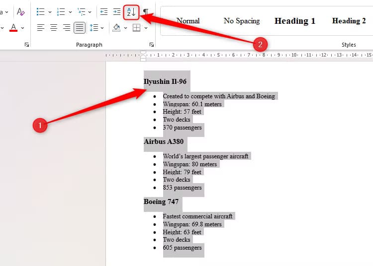 a-word-document-containing-details-of-three-passenger-planes-under-heading-styles-the-text-is-selected-and-the-sort-icon-is-highlighted 5 حيل رائعة في Microsoft Word ستجعل عملك أسهل وأسرع
