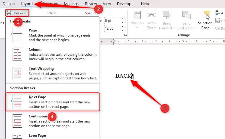 a-word-document-containing-the-word-back-on-page-1-and-a-next-page-page-break-being-added-through-the-layout-tab-on-the-ribbon خطوات تصميم بطاقة عيد مميزة باستخدام Microsoft Word