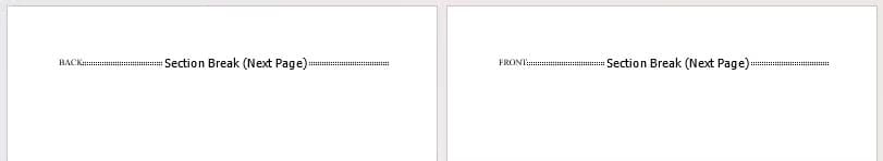 a-word-document-containing-two-pages-labeled-front-and-back-separated-by-section-breaks خطوات تصميم بطاقة عيد مميزة باستخدام Microsoft Word