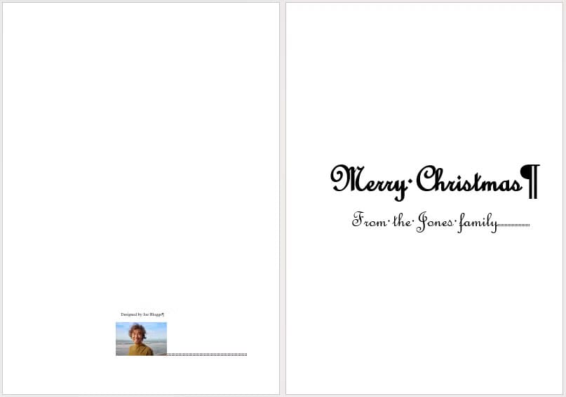 a-word-document-showing-the-front-and-back-of-a-christmas-card-design-in-progress خطوات تصميم بطاقة عيد مميزة باستخدام Microsoft Word