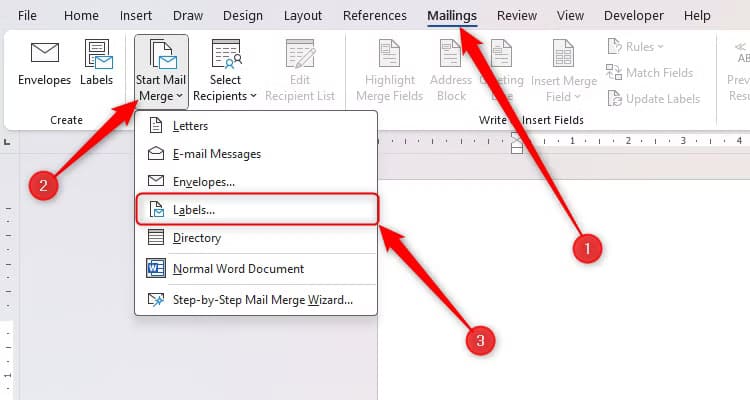 a-word-document-with-the-mailings-tab-opened-the-start-mail-merge-drop-down-expanded-and-labels-selected كيفية الاستفادة من تطبيقات Microsoft لتبسيط الاحتفالات