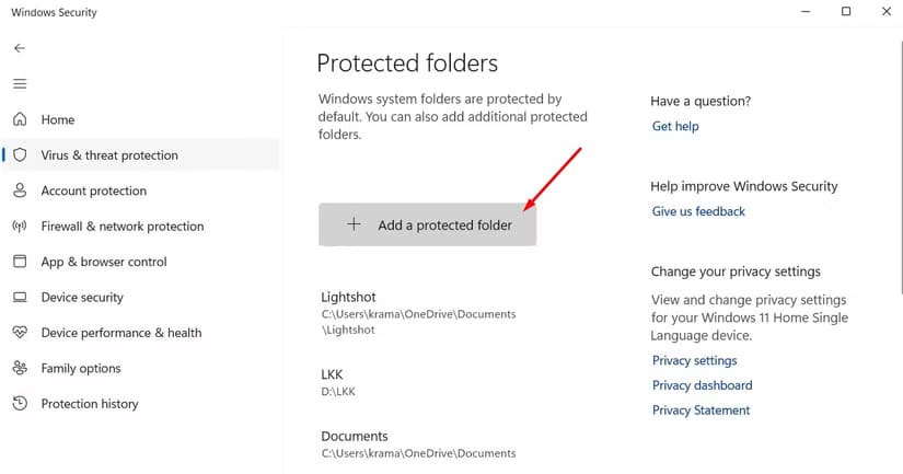 add-a-protected-folder-button-in-the-windows-security-app طريقة استخدام ميزة الوصول المُتحكم إلى المجلد في Windows 11 لحماية بياناتك