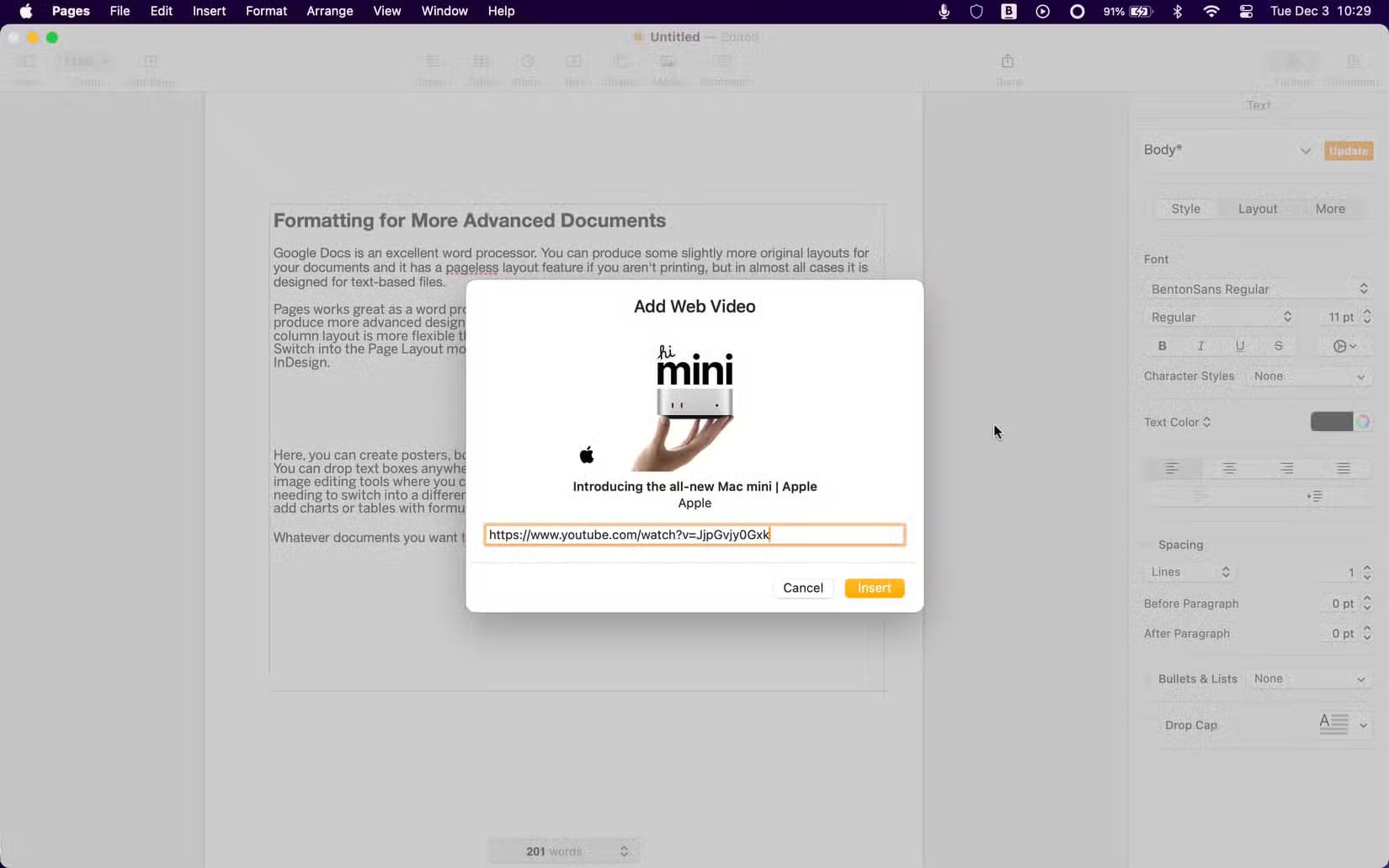 adding-a-youtube-video-to-an-apple-pages-doc كيف تتفوق Apple Pages على Google Docs في 7 جوانب رئيسية