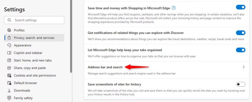 address-bar-and-search-on-edge-s-settings-menu خطوات تعديل محرك البحث في Microsoft Edge لاستخدام Google