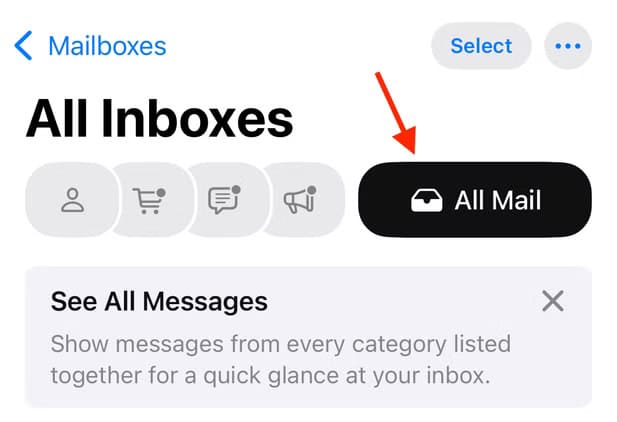 all-mail-category-tab-in-mail-app-on-iphone تعرف على كيفية إيقاف فئات البريد الإلكتروني على iPhone بسهولة