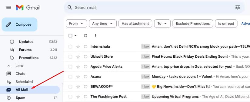 all-mail-folder-in-gmail طرق فعالة لحل مشكلة عدم تلقي رسائل البريد الإلكتروني في Gmail