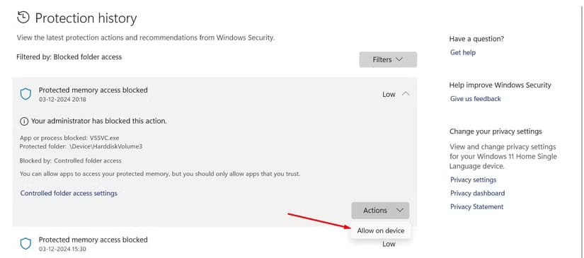 allow-on-device-option-in-the-windows-security-app طريقة استخدام ميزة الوصول المُتحكم إلى المجلد في Windows 11 لحماية بياناتك