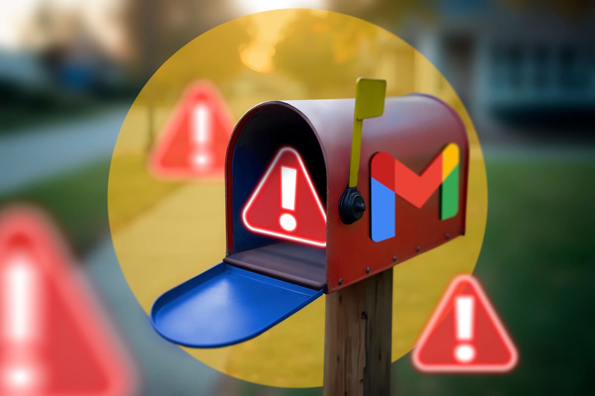 an-email-inbox-with-the-gmail-logo-and-a-warning-sign-inside-1-scaled أخطاء شائعة في Gmail قد تعرض وظيفتك للخطر وكيف تتجنبها
