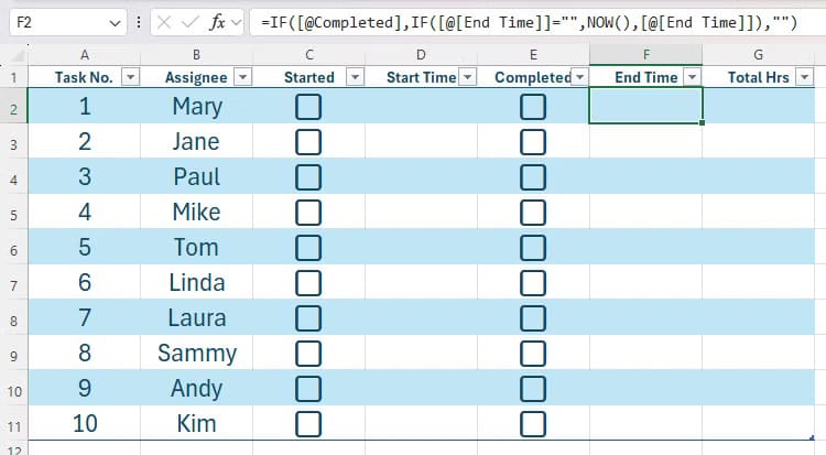 an-excel-table-containing-nested-if-functions-to-generate-a-timestamp-when-a-corresponding-checkbox-is-checked إضافة تاريخ ووقت تلقائي لمربعات الاختيار في Excel بخطوات سهلة