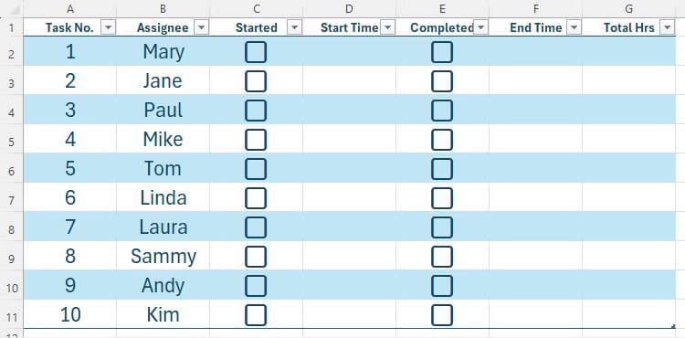 an-excel-table-containing-two-columns-of-checkboxes-which-will-display-when-a-task-has-been-started-and-when-a-task-has-been-completed إضافة تاريخ ووقت تلقائي لمربعات الاختيار في Excel بخطوات سهلة