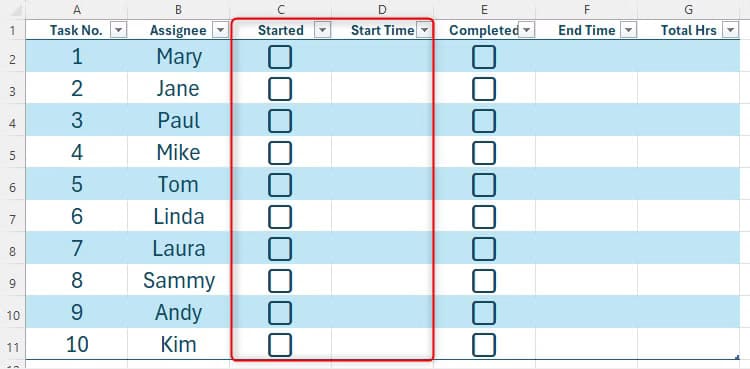 an-excel-table-with-columns-c-started-and-d-start-time-highlighted إضافة تاريخ ووقت تلقائي لمربعات الاختيار في Excel بخطوات سهلة