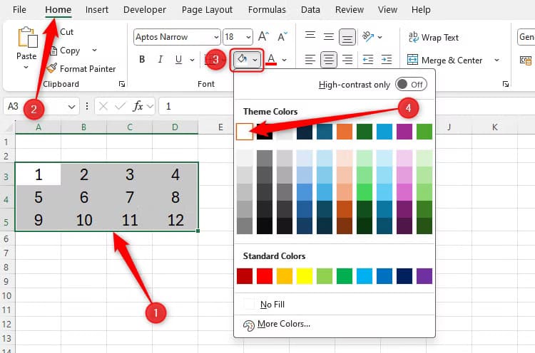 an-excel-worksheet-with-some-cells-filled-with-a-white-fill-color-the-cell-fill-color-option-in-the-home-tab-is-also-displayed كيفية التحكم في ظهور خطوط الشبكة في Excel لتحسين عرض البيانات
