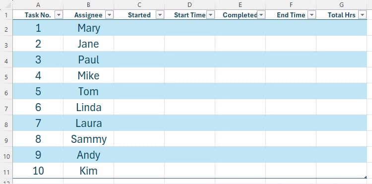 an-formatted-table-of-data-in-excel-containing-people-s-names-task-numbers-and-various-other-headings إضافة تاريخ ووقت تلقائي لمربعات الاختيار في Excel بخطوات سهلة