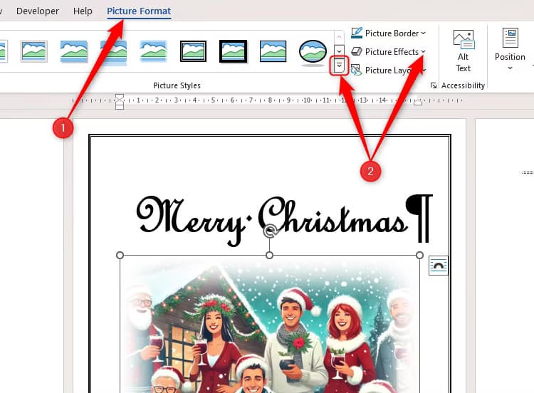 an-image-in-microsoft-word-is-selected-and-the-picture-styles-and-picture-effects-options-are-highlighted خطوات تصميم بطاقة عيد مميزة باستخدام Microsoft Word