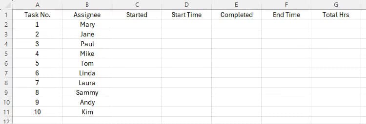 an-unformatted-table-of-data-in-excel-containing-people-s-names-task-numbers-and-various-other-headings إضافة تاريخ ووقت تلقائي لمربعات الاختيار في Excel بخطوات سهلة