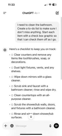 bathroom-cleaning-checklist-response-part-one-in-chatgpt-app-on-iphone كيفية الاستفادة من روبوتات الدردشة الذكية لتنظيم رحلاتك والتسوق وإدارة المهام اليومية