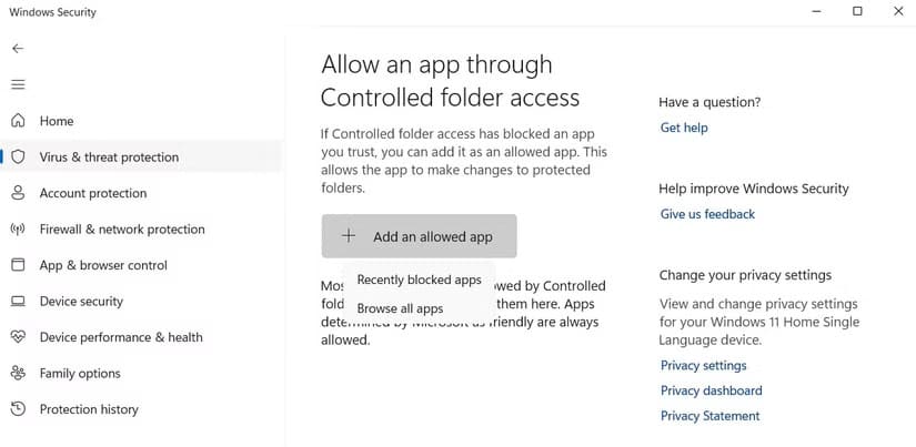 browse-all-apps-option-in-windows-security-app طريقة استخدام ميزة الوصول المُتحكم إلى المجلد في Windows 11 لحماية بياناتك