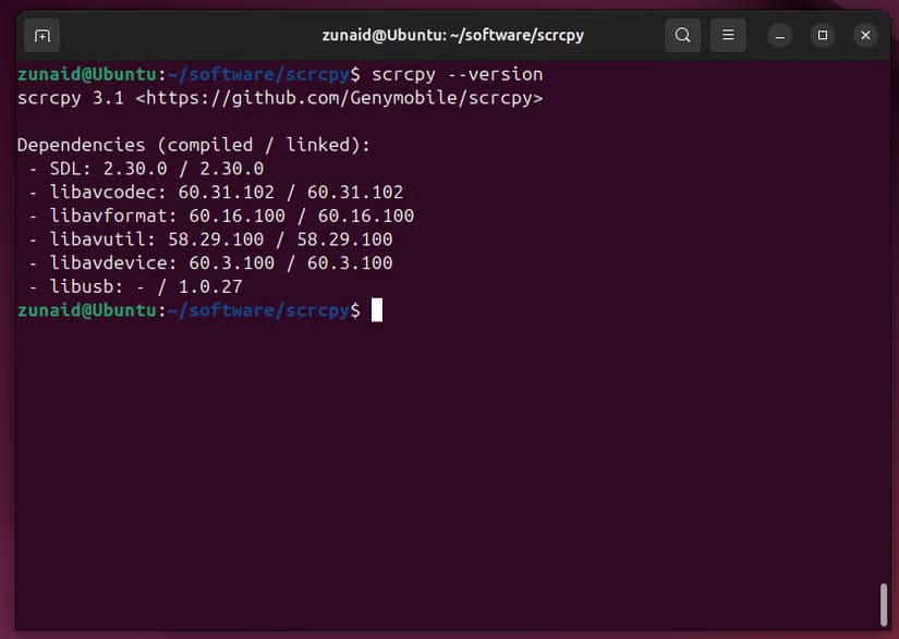 checking-the-version-of-scrcpy-on-linux كيفية عكس شاشة هاتفك الأندرويد على نظام لينكس باستخدام أداة مجانية